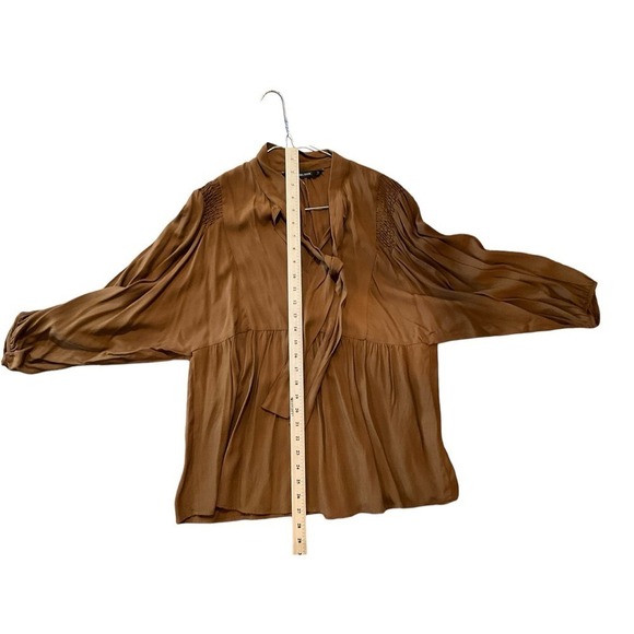 Zara Basics Blouse Top Women's Size L Brown Long Sleeve Knotted Neck Pullover - Picture 5 of 6